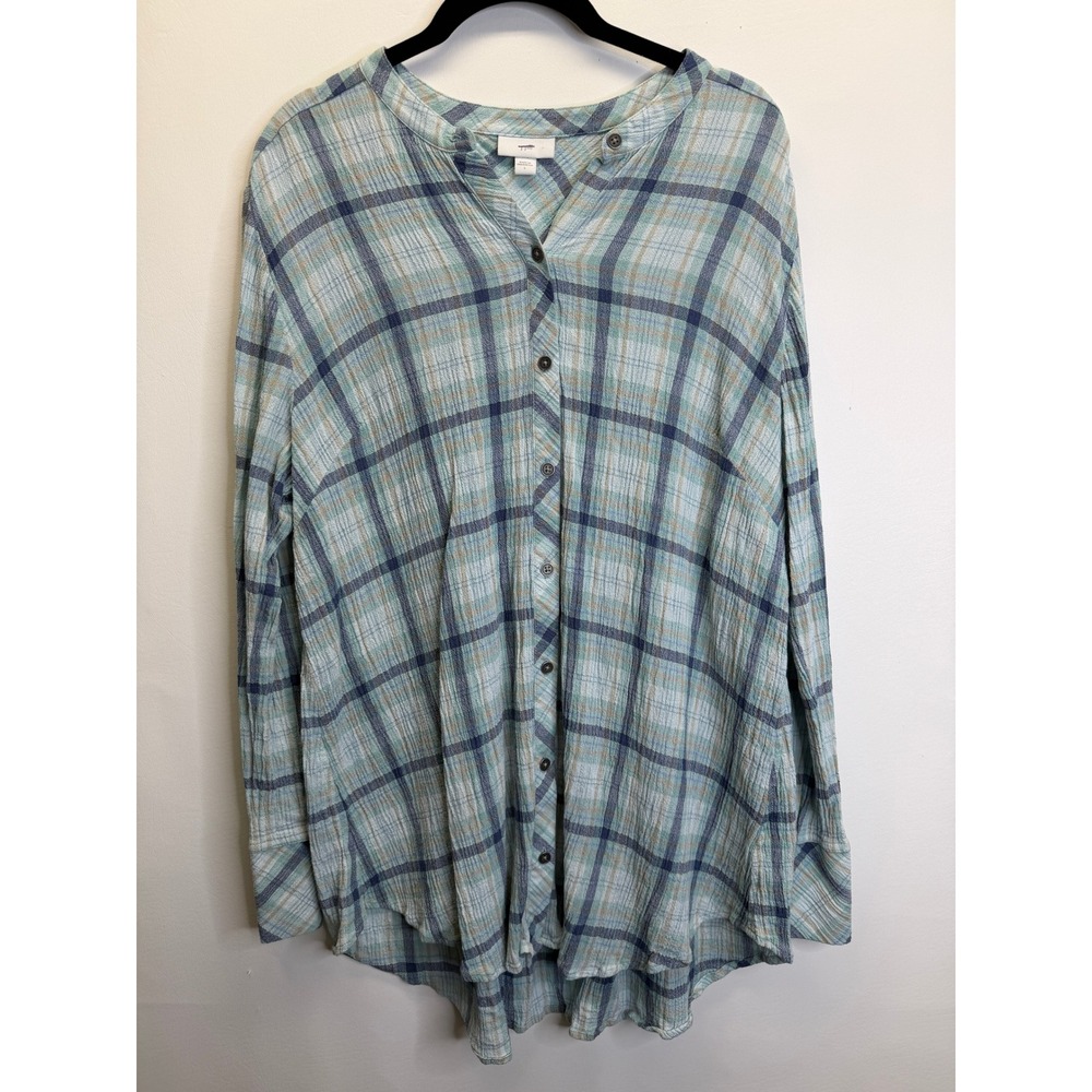 J. Jill Plaid Tunic Top Women L Blue Textured Button Down Long Sleeve